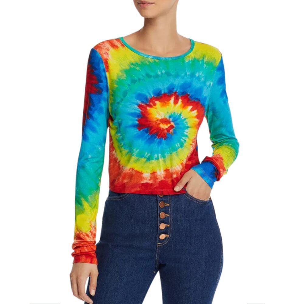 Alice + Olivia Tee Womens Size XS/TP Delaina Rainbow Tie Dye Cropped Long Sleeve - Picture 3 of 16